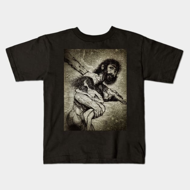 Grunge Caveman Carries Woman Kids T-Shirt by Matt Starr Fine Art